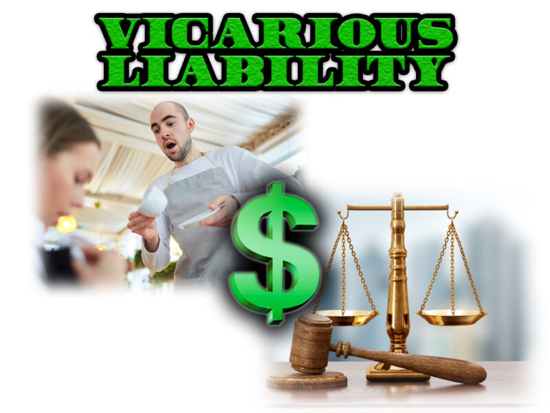 Vicarious Liability waiter spills coffee on diner, dollar sign, legal scene with gavel and scales