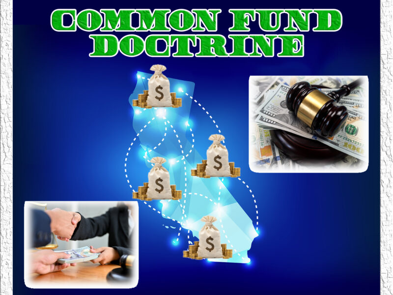 California state map polygonal with spotlights on places, highlighted by money. Legal images of lawyers gavels and money, and green font reading "common fund doctrine"