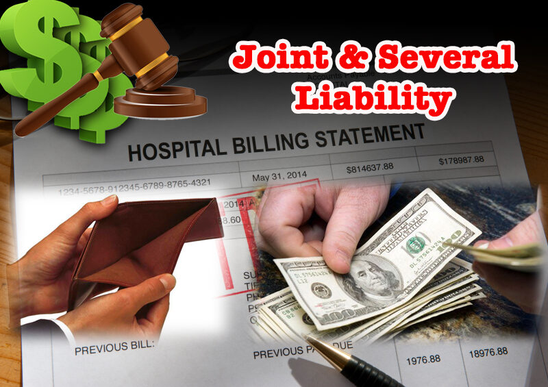 Legal bill paying scene of a hospital bill due, a man with an empty wallet, another man paying large sums of money, and the text joint and several liability